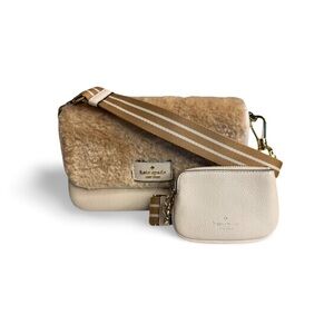 Kate Spade Shearling Flap Crossbody Cream Beige Pebbled Leather + Mini Zip Pouch